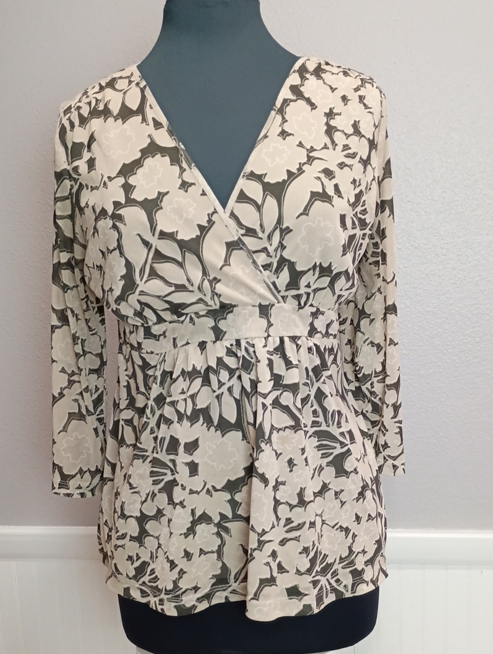 Liz Claiborne Cream Floral Wrap-Front Tunic with Black Accents
